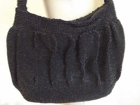 * VINTAGE 1940s BLACK BEADED PURSE WITH TONS OF TINY BEADS AND A BEADED POM POM PULL
