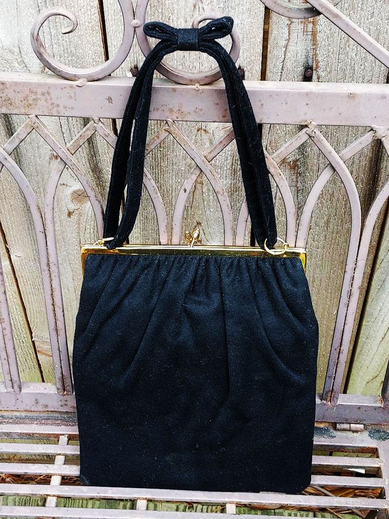 *VINTAGE 60S INGBER BLACK FABRIC HANDBAG PURSE WITH AN ADORABLE ON THE STRAPS