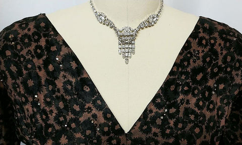 * VINTAGE '50s BLACK & COPPER FLORAL DRESS SPRINKLED WITH RHINESTONES & BEADS WITH A METAL ZIPPER