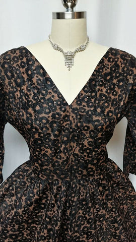* VINTAGE '50s BLACK & COPPER FLORAL DRESS SPRINKLED WITH RHINESTONES & BEADS WITH A METAL ZIPPER