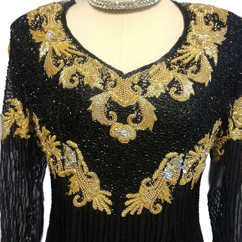 *SPECTACULAR VINTAGE BLACK AND GOLD SPARKLING SEQUIN AND BEADED EVENING GOWN