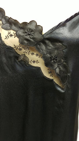 *NEW OLD STOCK - MADE IN ITALY '80S BLACK SATIN NIGHTGOWN WITH FLORAL & LEAF APPLIQUES