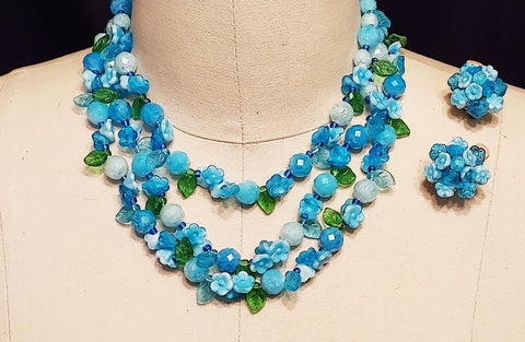 *VINTAGE 50S 60S BLUE GLASS FLORAL NECKLACE W LEAVES AND EARRINGS SET WEST GERMANY