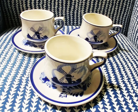 *VINTAGE "E H   HAND PAINTED IN DELFT BLUE COLORS" DUTCH WINDMILL & FLORAL TEACUPS / COFFEE CUPS AND SAUCERS (3)