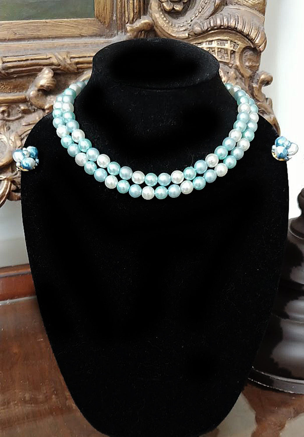 Aqua Blue Two Strand Faux Pearls Necklace