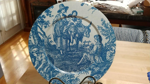 *LARGE 15" BLUE & WHITE TOILE FRENCH COUNTRYSIDE DECORATOR PLATE - PERFECT FOR ON AN ISLAND OR A PLANT SHELF WITH OTHER BLUE & WHITE ITEMS