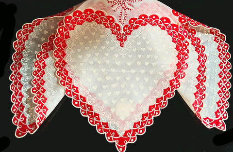 *VINTAGE  "HANDKERCHIEF OF THE MONTH BY BURMEL AS SEEN IN VOGUE" VALENTINE HEARTS HANDKERCHIEF - NEW OLD STOCK