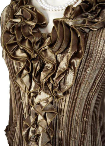BEAUTIFUL ROMANTIC CRYSTAL PLEATED SEQUIN RUFFLE EVENING BLOUSE IN GOLDEN BRONZE - NEW - PERFECT FOR THE HOLIDAYS