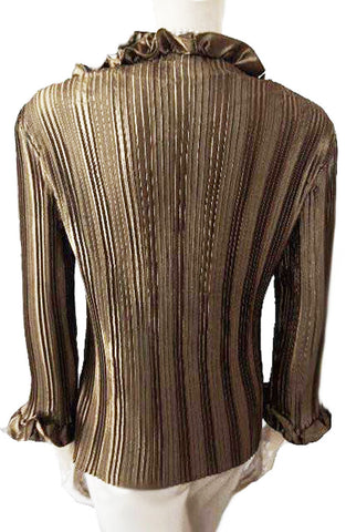 BEAUTIFUL ROMANTIC CRYSTAL PLEATED SEQUIN RUFFLE EVENING BLOUSE IN GOLDEN BRONZE - NEW - PERFECT FOR THE HOLIDAYS