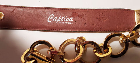 *  VINTAGE CAPTIVA COLLECTIBLE GOLD LEATHER AND GOLD METAL LINKS CHAIN BELT SIZE SMALL