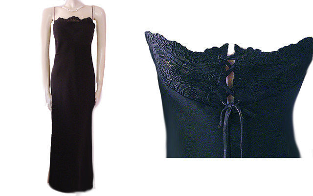 GORGEOUS CARMEN MARC VALVO LACE EVENING GOWN WITH LACE UP BACK Vintage Clothing Fashions Midnight Glamour
