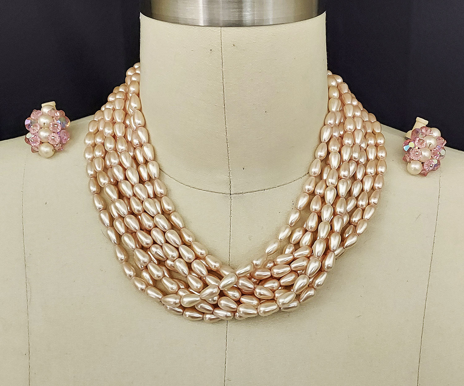 Pearl Necklace and Bracelet Set, Vintage Faux Pearls, Blue, Grey