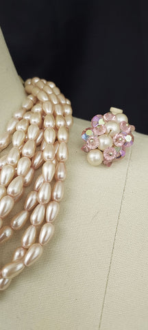 *VINTAGE 60S DESIGNER CAROLEE BABY PINK 6 STRAND LAYERED FAUX PEARL NECKLACE PAIRED WITH SPARKLING BEADS & PEARL EARRINGS