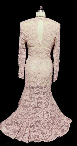 *VINTAGE TITANIC-LOOK CASADEI SPANDEX MAUVE PINK INTRICATE ALL LACE FISHTAIL EVENING GOWN / WEDDING GOWN