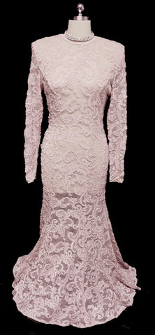*VINTAGE TITANIC-LOOK CASADEI SPANDEX MAUVE PINK INTRICATE ALL LACE FISHTAIL EVENING GOWN / WEDDING GOWN