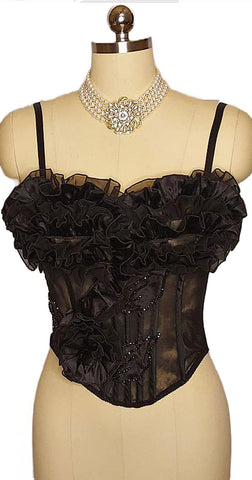 *  GORGEOUS VINTAGE CELO MERRY WIDOW FROM ARGENTINA ILLUSION BLACK SATIN & SHEER RUFFLE BUSTIER W HUGE FABRIC ROSE