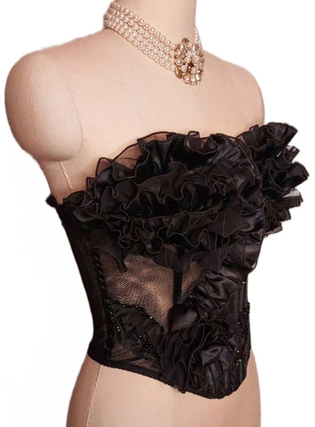 *  GORGEOUS VINTAGE CELO MERRY WIDOW FROM ARGENTINA ILLUSION BLACK SATIN & SHEER RUFFLE BUSTIER W HUGE FABRIC ROSE