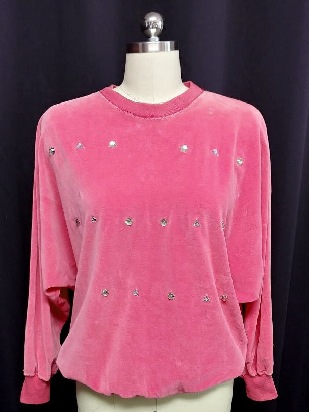 VINTAGE CHAUS HOT PINK PRONG SET RHINESTONE STUDDED VELOUR TOP