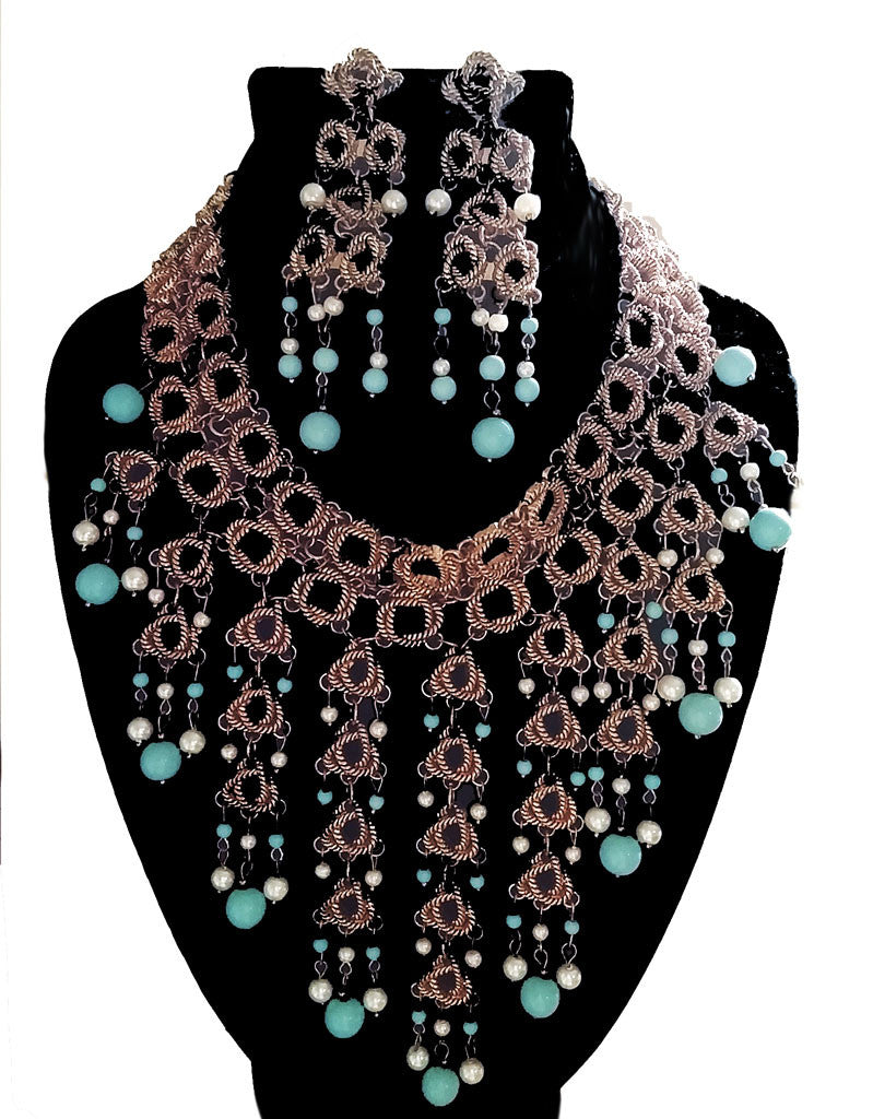 *NEW WITH TAG -  STUNNING LARGE CHICO'S CLEOPATRA LOOK TURQUOISE BEAD & PEARL BIB NECKLACE AND EARRINGS SET - WOULD MAKE A WONDERFUL CHRISTMAS OR BIRTHDAY GIFT