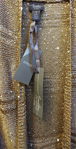 *NEW WITH TAGS - CHICO'S SEQUIN SWEATER CARDIGAN JACKET IN GOLD SHIMMER FROM THE TRAVELERS COLLECTION - WOULD MAKE A WONDERFUL CHRISTMAS OR BIRTHDAY GIFT