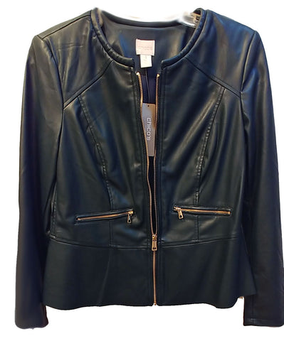 *NEW WITH TAG - CHICO'S CHIC FAUX LEATHER MOTO JACKET IN DARK FOREST GREEN ACCENTED WITH SPARKLING LARGE GOLD ZIPPERS - WOULD MAKE A WONDERFUL CHRISTMAS OR BIRTHDAY GIFT