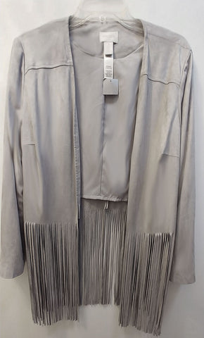 *NEW WITH TAG - CHICO'S FAUX SUEDE JACKET WITH FABULOUS 14" FRINGE IN A SILVERY DOVE GRAY - WOULD MAKE A WONDERFUL CHRISTMAS OR BIRTHDAY GIFT