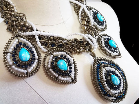 *NEW OLD STOCK WITH TAG -  CHICOS RETIRED STUNNING LARGE FAUX TURQUOISE, SPARKLING BEADS & FAUX PEARL COLLECTIBLE NECKLACE & EARRING SET