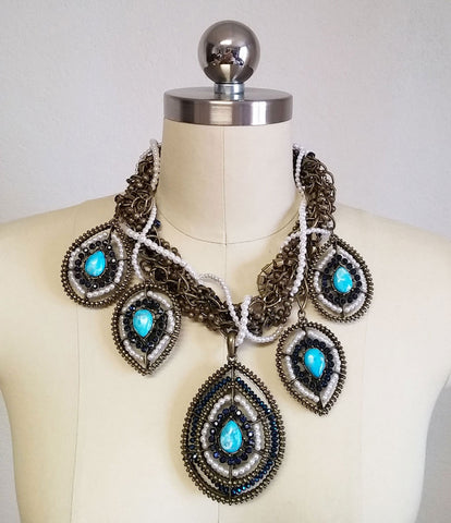 *NEW OLD STOCK WITH TAG -  CHICOS RETIRED STUNNING LARGE FAUX TURQUOISE, SPARKLING BEADS & FAUX PEARL COLLECTIBLE NECKLACE & EARRING SET