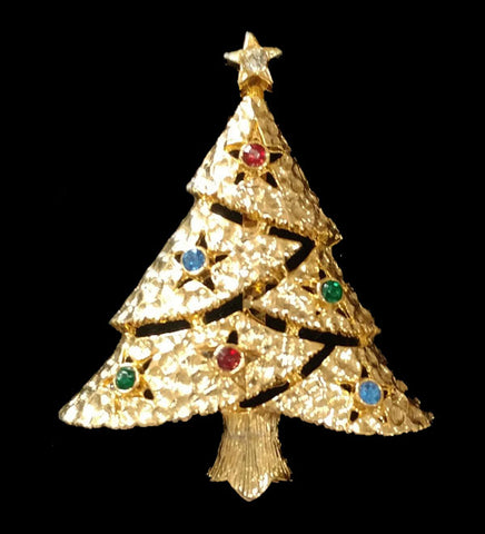 *VINTAGE CHRISTMAS TREE PIN MULTI-COLORED RHINESTONE PIN