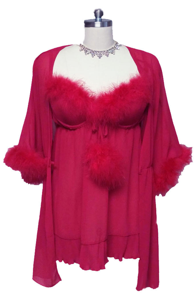 *NEW WITH TAGS - GORGEOUS SCARLET MARABOU CINEMA ETOILE SEDUCTIVE WEAR POM POMS 3 PC PEIGNOIR, NIGHTGOWN & PANTIES SET - SIZE LARGE - WOULD MAKE A LOVELY GIFT