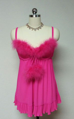 NEW WITH TAGS - GORGEOUS HOT PINK MARABOU CINEMA ETOILE SEDUCTIVE WEAR POM POMS 3 PC PEIGNOIR, NIGHTGOWN & PANTIES SET - SIZE LARGE - WOULD MAKE A LOVELY GIFT
