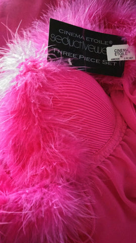 NEW WITH TAGS - GORGEOUS HOT PINK MARABOU CINEMA ETOILE SEDUCTIVE WEAR POM POMS 3 PC PEIGNOIR, NIGHTGOWN & PANTIES SET - SIZE MEDIUM - WOULD MAKE A LOVELY GIFT