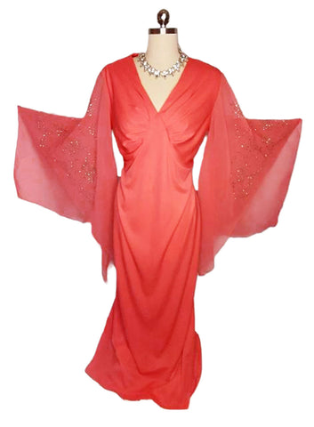 *  VINTAGE CORAL EVENING GOWN ADORNED WITH HUGE SHEER SPARKLING SLEEVES - GORGEOUS!