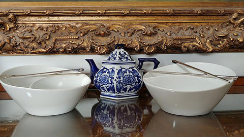 NEW OLD STOCK - (2) HUGE CRATE & BARREL PORCELAIN DIVIDED ANGLED NOODLE BOWLS - SOUP BOWLS - SALAD BOWLS - ONE DISH DINNERS - PERFECT FOR CHINESE, THAI, JAPANESE AND AMERICAN FOOD - SET OF 2 BOWLS