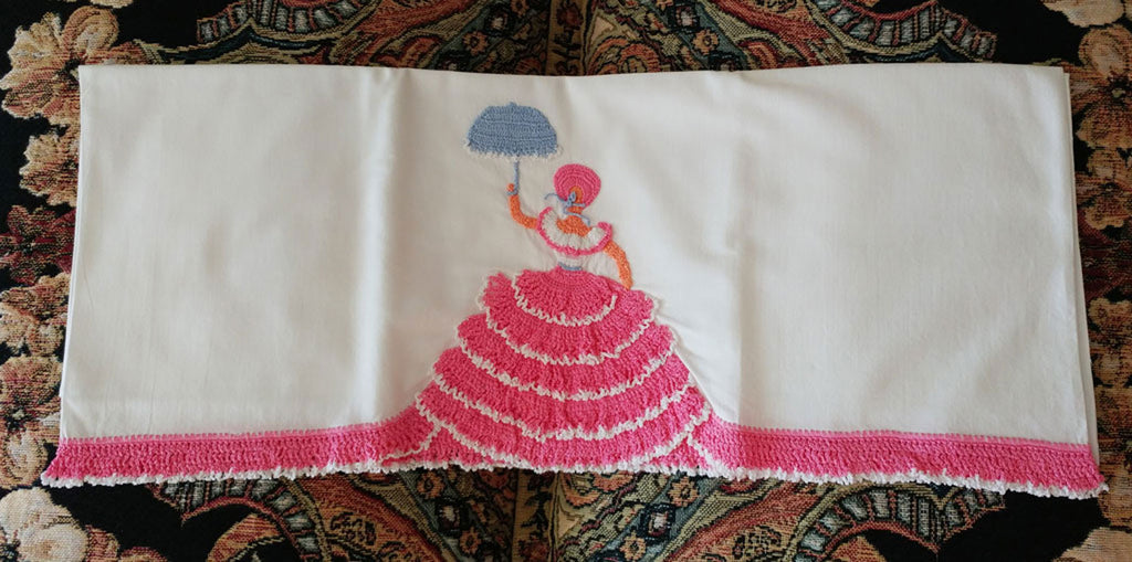 VINTAGE HAND EMBROIDERED LINEN CUSHION COVER - EXQUISITE CRINOLINE LADY