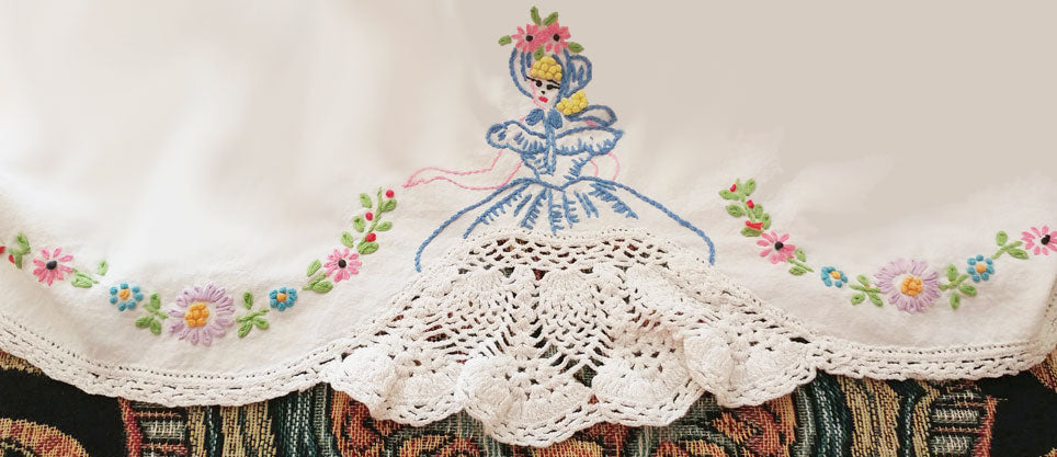 VINTAGE HAND EMBROIDERED LINEN CUSHION COVER - EXQUISITE CRINOLINE LADY