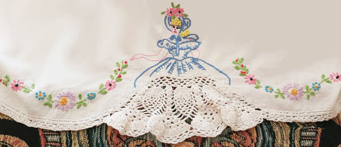 *VINTAGE SOUTHERN BELLE COLONIAL LADY CROCHETED & EMBROIDERED BY HAND LACE SKIRT  PILLOW CASE - 1 INDIVIDUAL PILLOW CASE