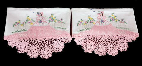 *BEAUTIFUL HAND CROCHETED AND EMBROIDERED SOUTHERN BELLE WITH HUGE PINK SKIRT AND BLUE BIRDS PILLOW CASES - 1 PAIR - NEW & NEVER USED