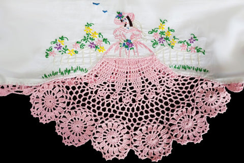 *BEAUTIFUL HAND CROCHETED AND EMBROIDERED SOUTHERN BELLE WITH HUGE PINK SKIRT AND BLUE BIRDS PILLOW CASES - 1 PAIR - NEW & NEVER USED