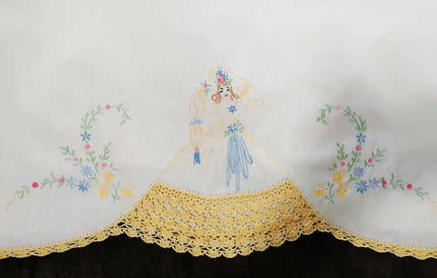 *VINTAGE SOUTHERN BELLE COLONIAL LADY WITH PURSE CROCHETED & EMBROIDERED BY HAND LACE SKIRT PILLOW CASE - 1 INDIVIDUAL PILLOW CASE