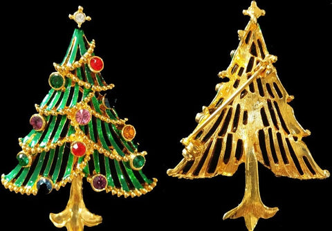 VINTAGE '60S CHRISTMAS TREE SPARKLING RHINESTONE ORNAMENTS PIN CHRISTMAS ORNAMENT PIN / CHRISTMAS BROACH