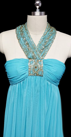 *NEW WITH TAG & BAG OF SEQUINS & SHOT - BEAUTIFUL GODDESS HALTER EVENING GOWN ENCRUSTED WITH SPARKLING GOLD SEQUIN & BEADS IN TURQUOISE