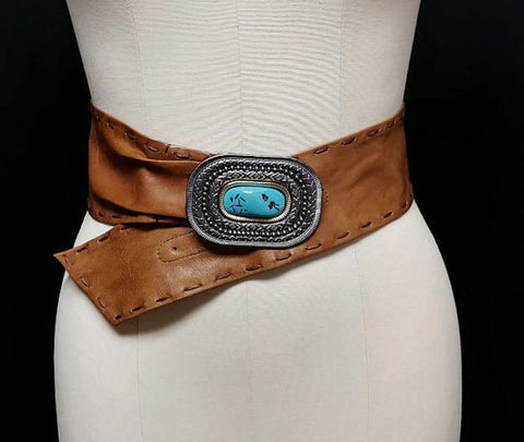 NEW NEVER WORN - FAUX LEATHER BUCKSKIN COLOR SOUTHWEST BELT WITH LARGE FAUX TURQUOISE IN DARK NICKLE LOOK BUCKLE