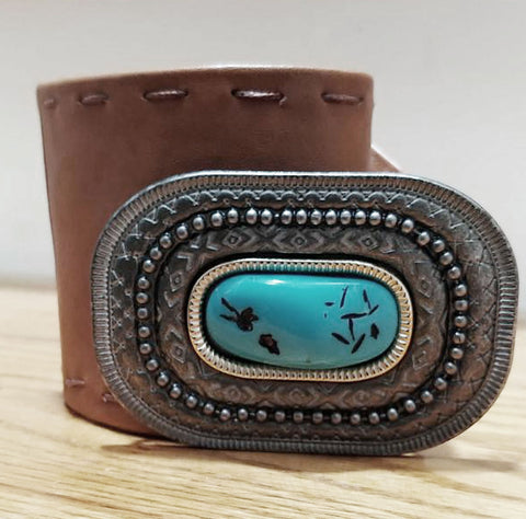 NEW NEVER WORN - FAUX LEATHER BUCKSKIN COLOR SOUTHWEST BELT WITH LARGE FAUX TURQUOISE IN DARK NICKLE LOOK BUCKLE