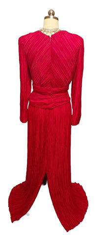 *  VINTAGE GEORGE F COUTURE FORTUNY LOOK PLEATED EVENING GOWN IN QUEEN OF HEARTS RED
