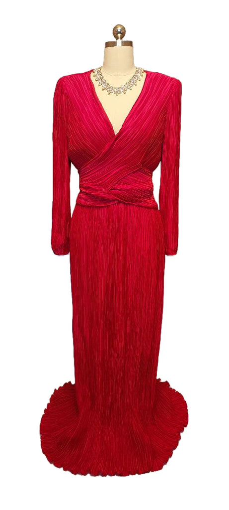 *  VINTAGE GEORGE F COUTURE FORTUNY LOOK PLEATED EVENING GOWN IN QUEEN OF HEARTS RED