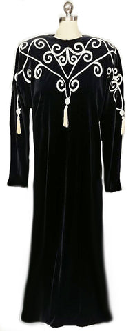 *GLAMOROUS VINTAGE GEORGETTE TRABOLSI DRESSING GOWN EVENING GOWN WITH SOUTACHE & SILKY TASSELS