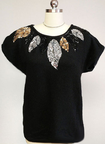 *VINTAGE '80s GLAMOROUS GLADYS BAGLEY WOMANS SILK ANGORA LAMBSWOOL SEQUIN BEADED SWEATER - VERY LARGE SIZE