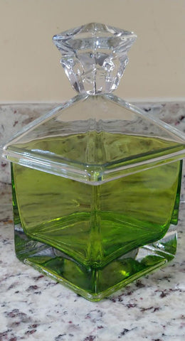 VINTAGE VERY HEAVY THICK GLASS DECORATIVE CONTAINER IN LEMONGRASS