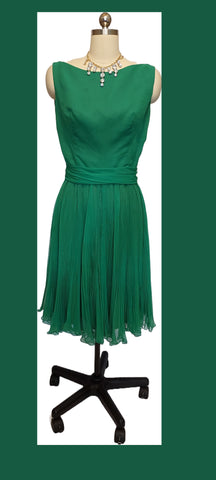 *VINTAGE '50s /  '60s PLEATED PARTY DRESS WITH CUMMERBUND IN EMERALD GREEN